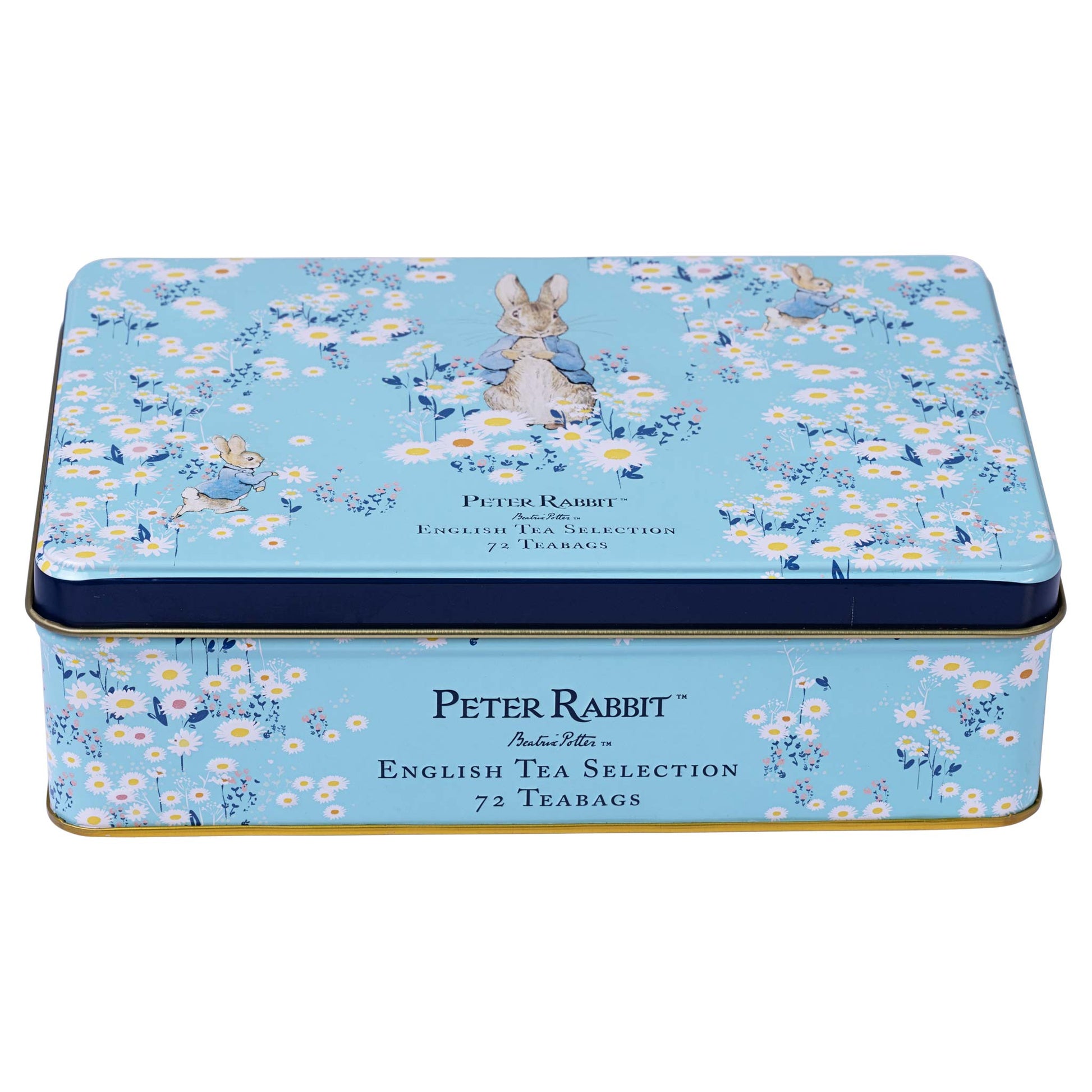 A Peter Rabbit branded rectangular metal tea tin with a light blue floral pattern and a small Peter Rabbit illustration on the lid, shown on a plain white background.
