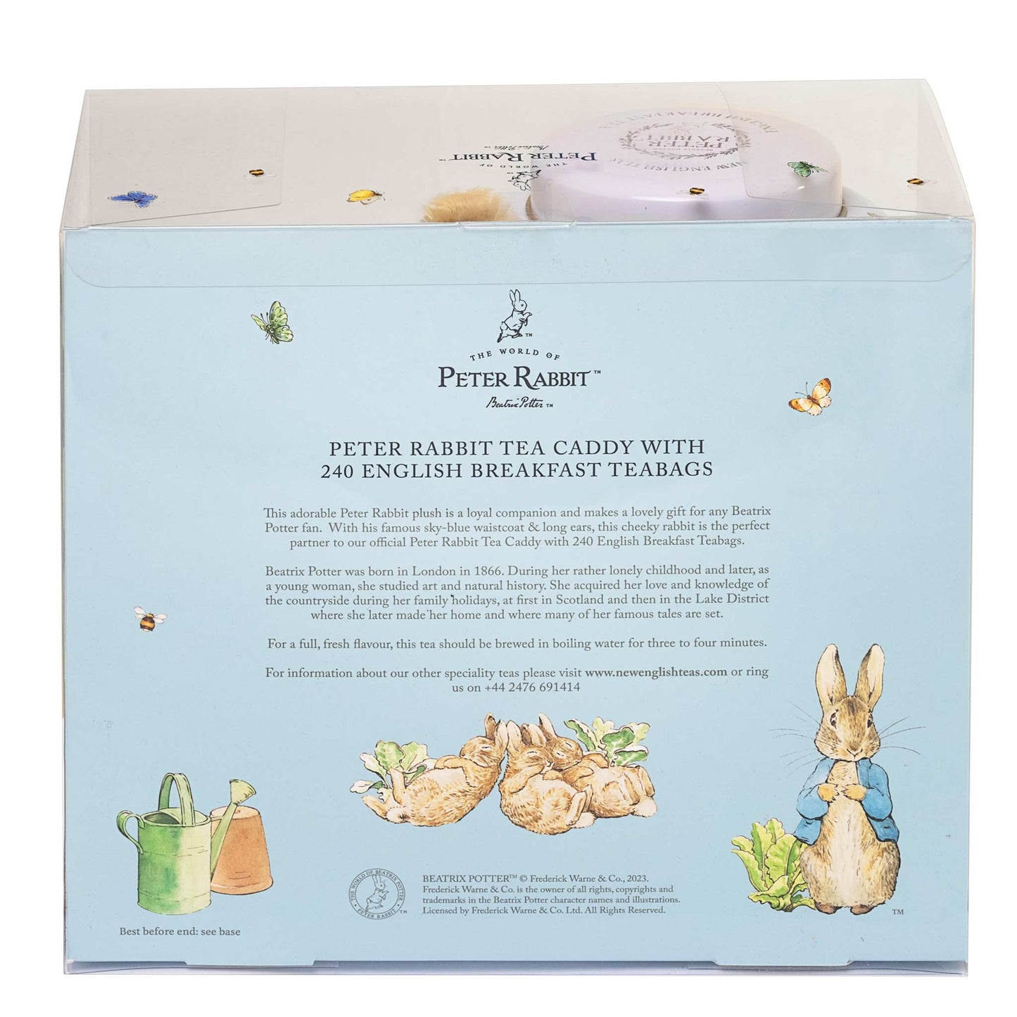 Peter Rabbit Tea Caddy with 240 English Breakfast Tea Bags, shown in its light blue illustrated packaging box with illustrations of Peter Rabbit and tea bags.