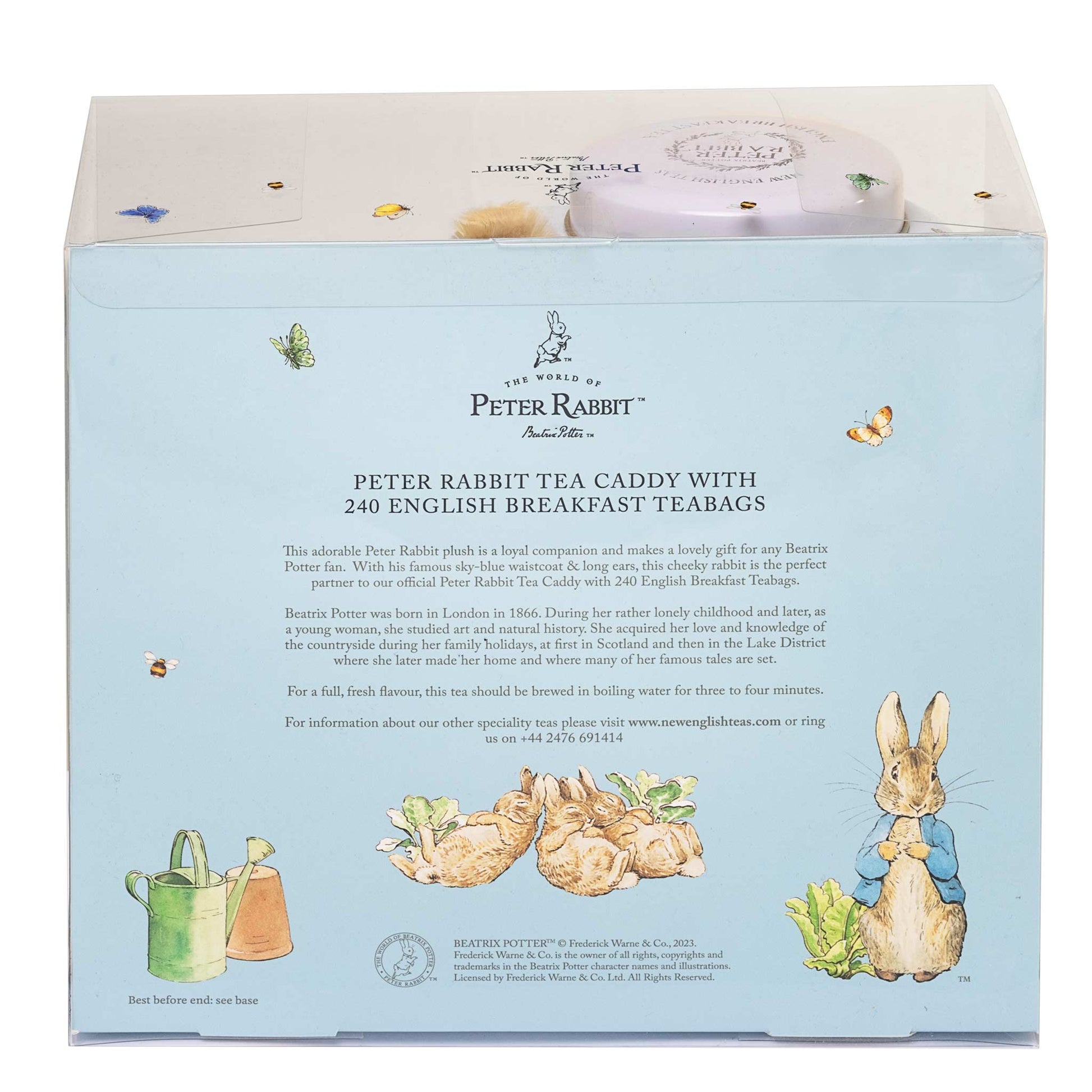 Peter Rabbit Tea Caddy with 240 English Breakfast Tea Bags, shown in its light blue illustrated packaging box with illustrations of Peter Rabbit and tea bags.