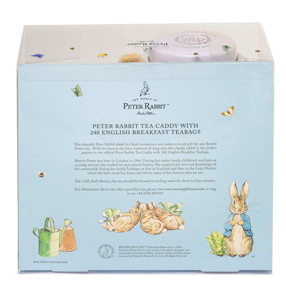 Peter Rabbit Tea Caddy with 240 English Breakfast Tea Bags, shown in its light blue illustrated packaging box with illustrations of Peter Rabbit and tea bags.