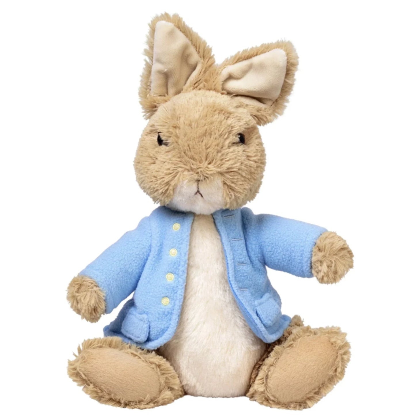 A plush toy Peter Rabbit dressed in a light blue jacket with cream buttons, set against a plain white background.