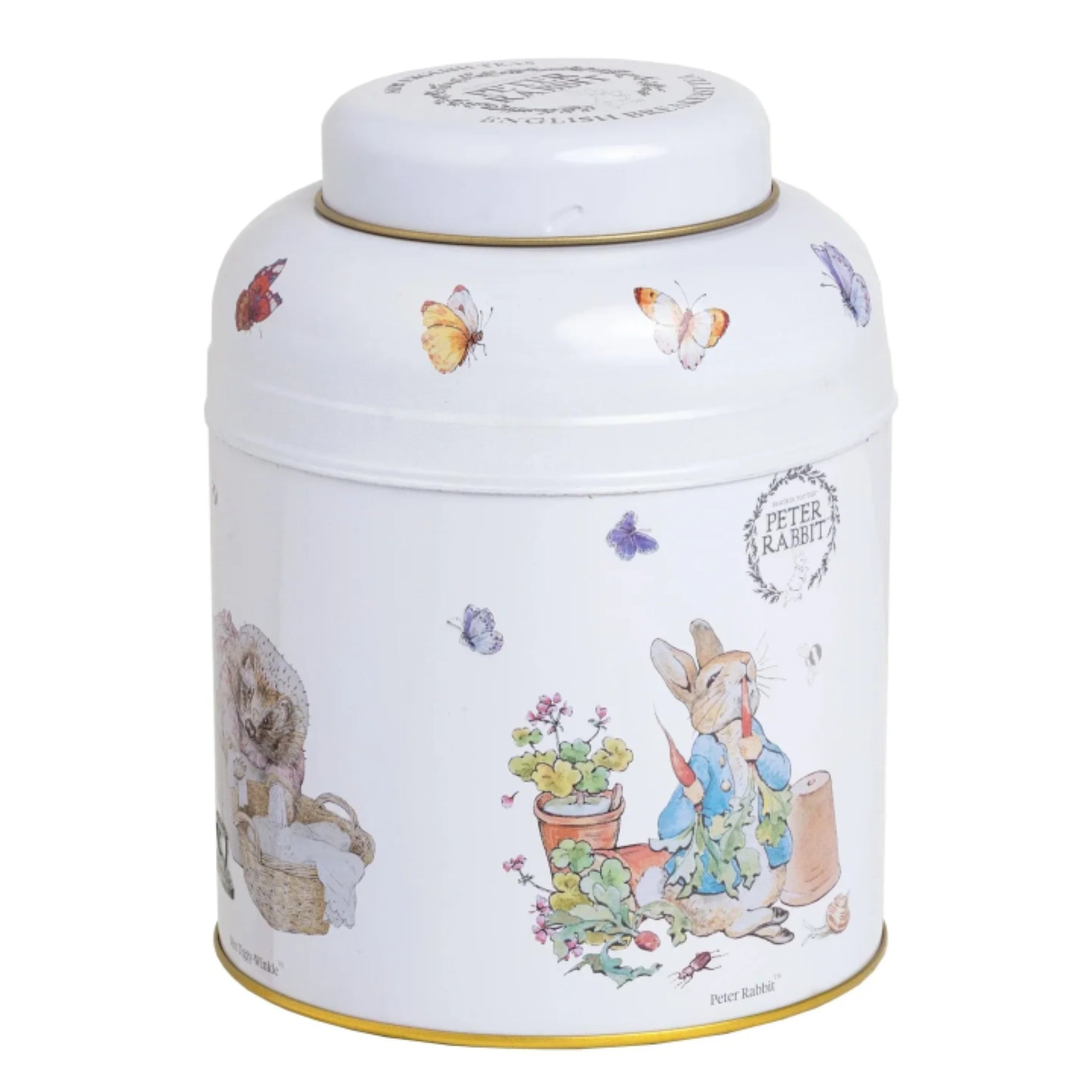 Decorative tin canister with illustrations of a Peter Rabbit and butterflies on a white background
