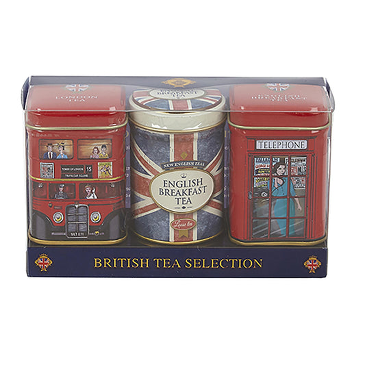 Tea tin set with British-themed design including a double-decker bus, phone box, and Union Jack flag.