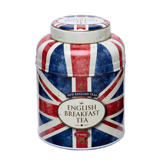 Tea canister with Union Jack design and 'English Breakfast Tea' text on a white background