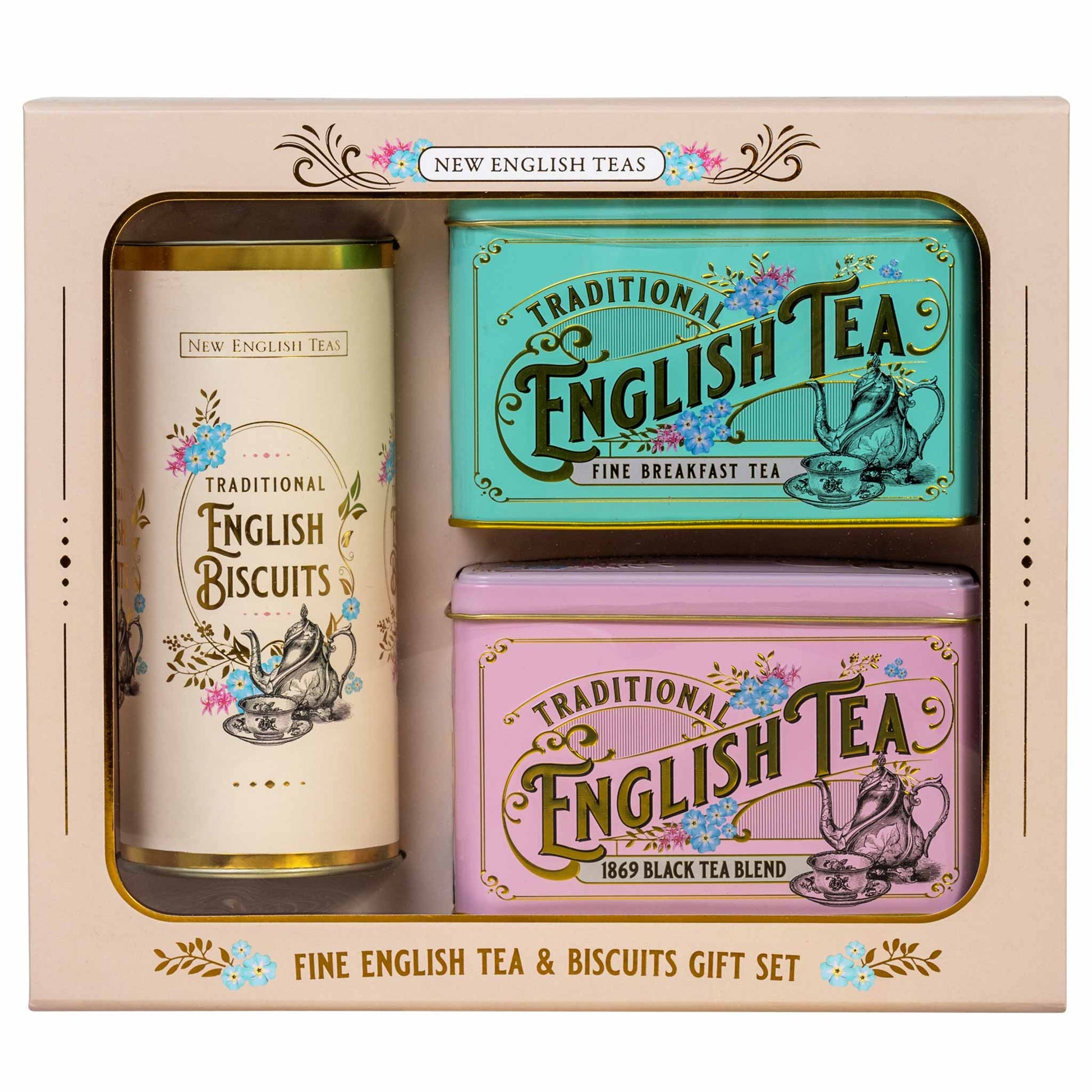 New English Teas gift set containing a cream-colored biscuit tin and two tea tins in turquoise and pink, all presented in a beige box with decorative text and illustrations.