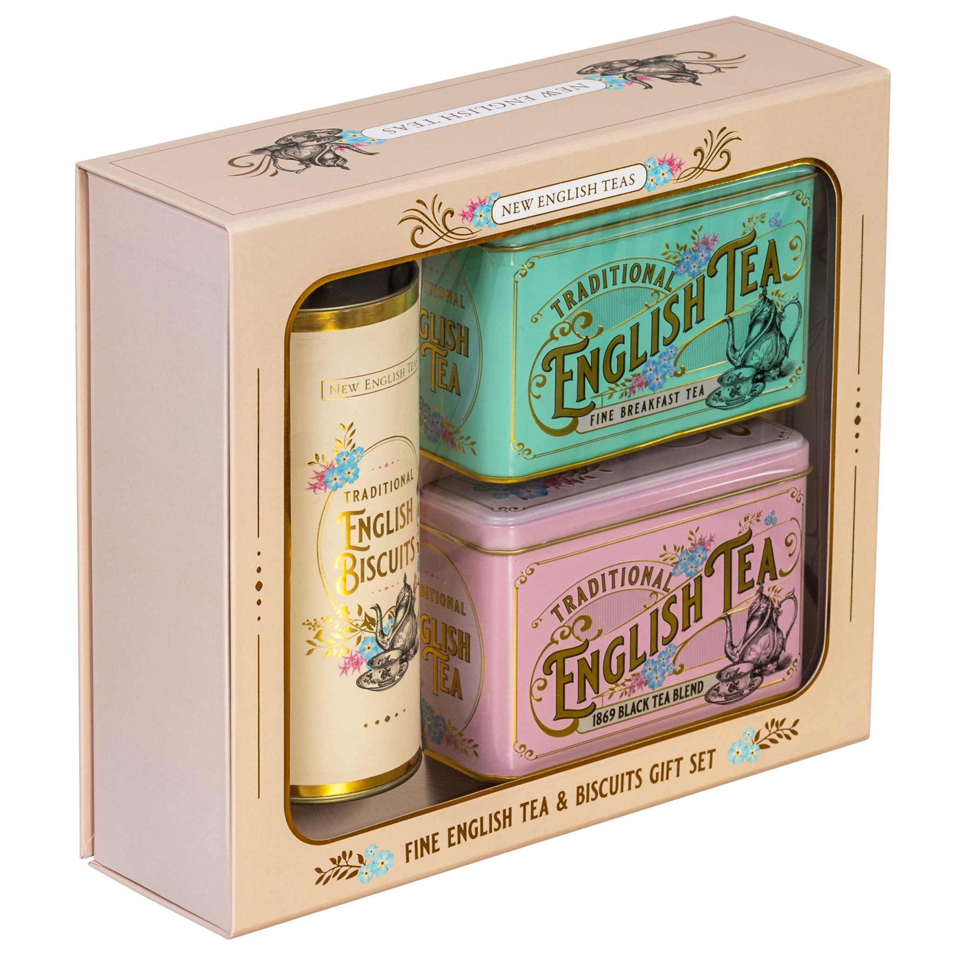 New English Teas gift set containing a cream-colored biscuit tin and two tea tins in turquoise and pink, all presented in a beige box with decorative text and illustrations. Shot with the left side of the box closer to the camera.
