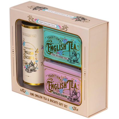 New English Teas gift set containing a cream-colored biscuit tin and two tea tins in turquoise and pink, all presented in a beige box with decorative text and illustrations. Shot with theright side of the box closer to the camera.