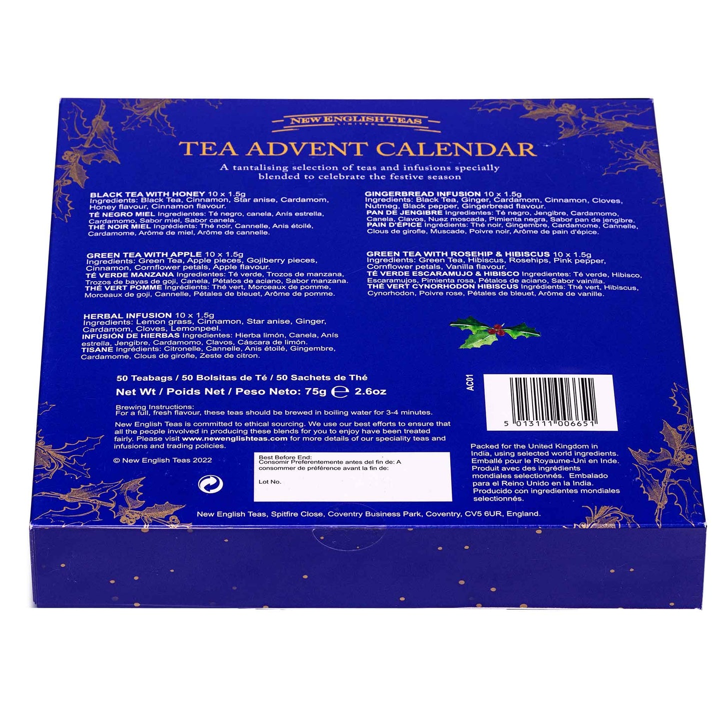 The back of a blue 'Tea Advent Calendar' box by New English Teas, featuring product details, ingredient lists, a barcode, and decorative gold botanical illustrations on a white background.