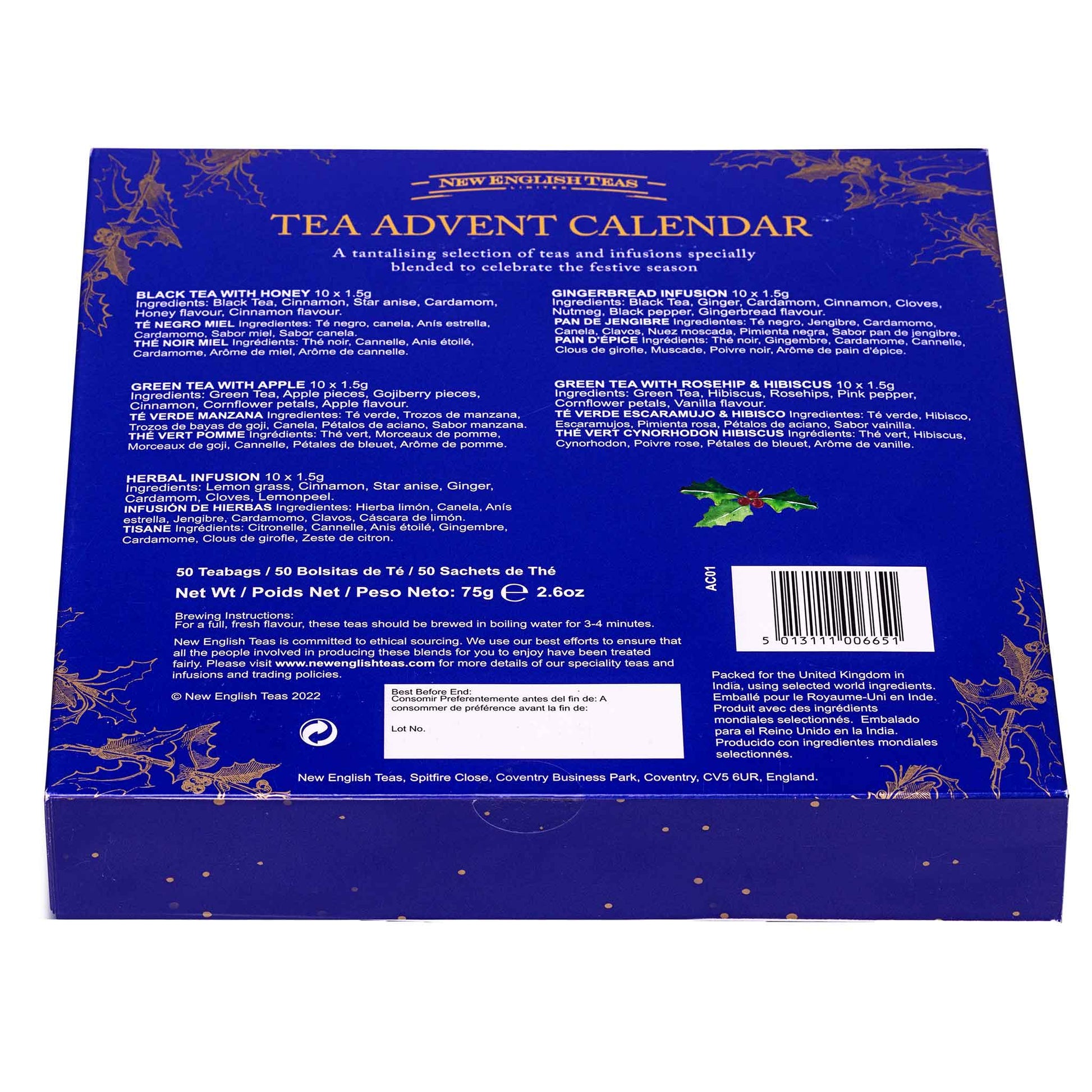 The back of a blue 'Tea Advent Calendar' box by New English Teas, featuring product details, ingredient lists, a barcode, and decorative gold botanical illustrations on a white background.