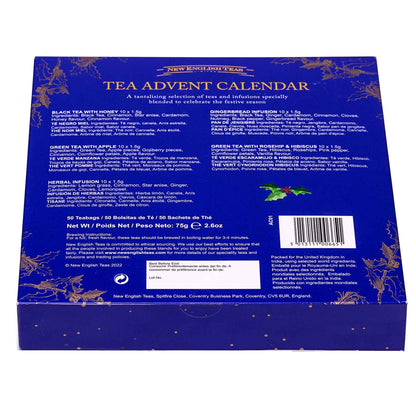 The back of a blue 'Tea Advent Calendar' box by New English Teas, featuring product details, ingredient lists, a barcode, and decorative gold botanical illustrations on a white background.