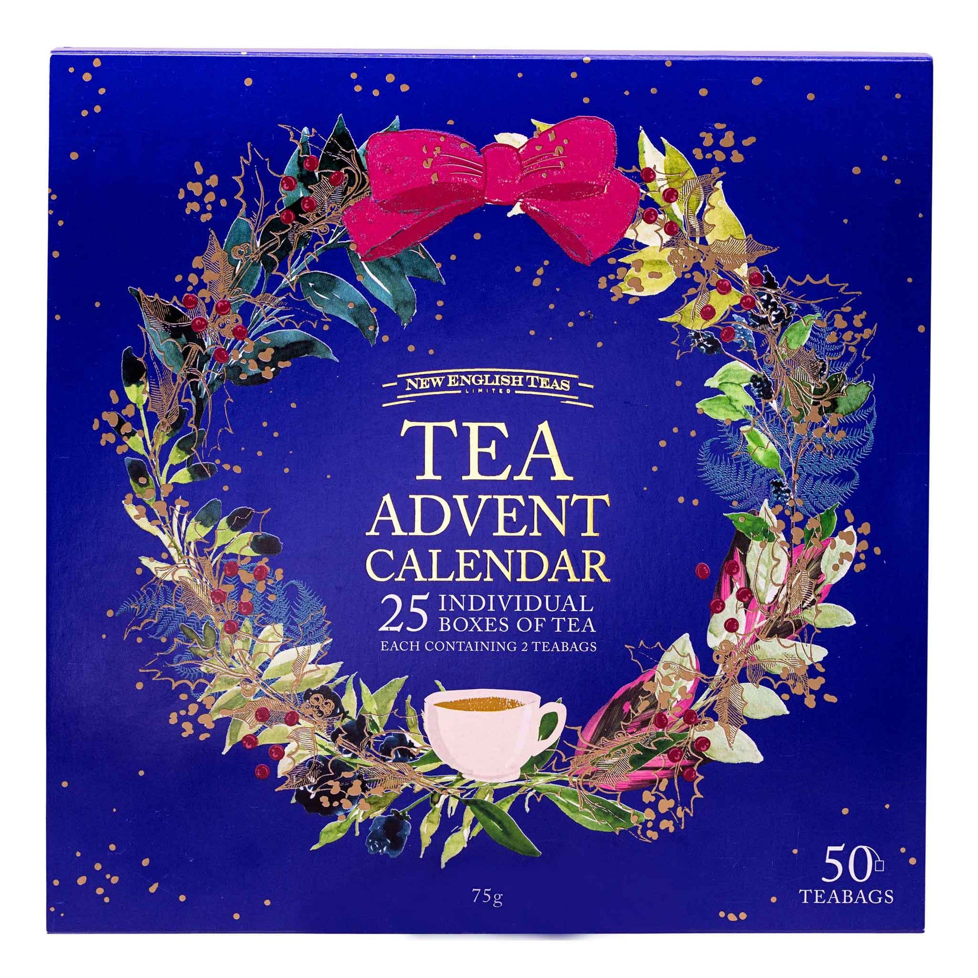 New English Tea Tea Advent Calendar 25 individual boxes of tea, 50 tea bags, 75g. The packaging features a deep blue background decorated with a festive wreath of green leaves, red berries, and a bright pink bow, with a white teacup illustration at the bottom center.