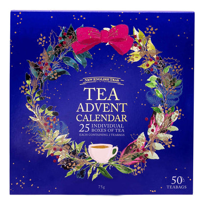 New English Tea Tea Advent Calendar 25 individual boxes of tea, 50 tea bags, 75g. The packaging features a deep blue background decorated with a festive wreath of green leaves, red berries, and a bright pink bow, with a white teacup illustration at the bottom center.