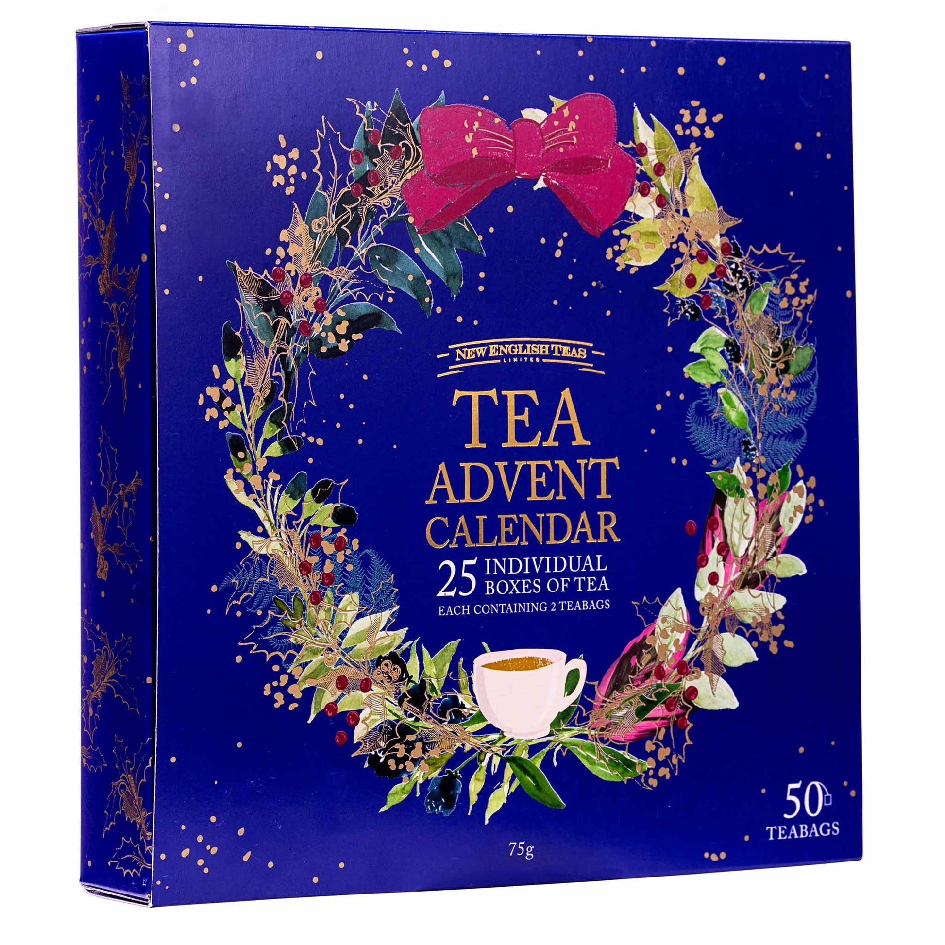 New England Tea Company Tea Advent Calendar box, featuring a deep blue background decorated with a festive wreath, gold text, and a pink bow.