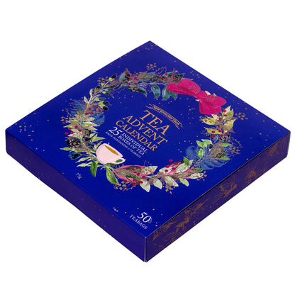 A square blue tea advent calendar box with a floral wreath illustration and gold text reading 'TEA Advent Calendar' and '25 individual boxes of tea'.