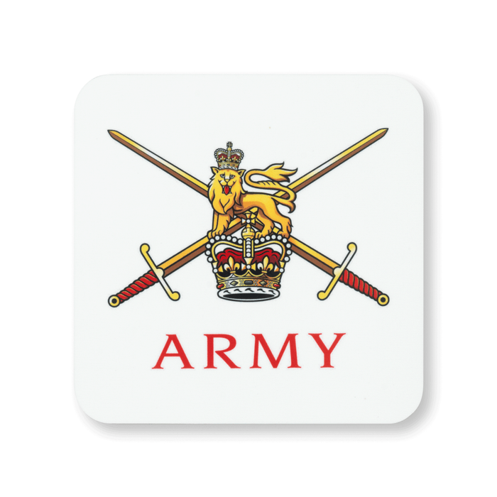 A square coaster with rounded corners featuring the British Army (Queen’s Crown) insignia, on a white background