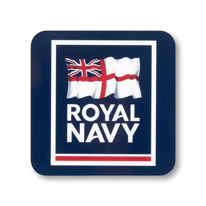 A square Royal Navy coaster with rounded corners, featuring the Navy Ensign  above the words 'ROYAL NAVY' in white, all on a dark navy background.