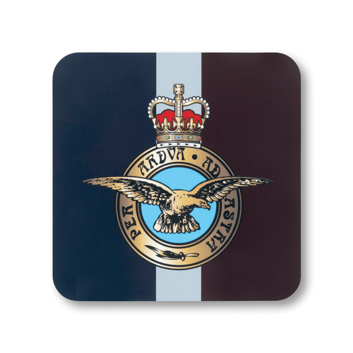 A square coaster with rounded corners featuring the RAF Regiment (Queen’s Crown) insignia, on a striped navy, light blue and maroon background.