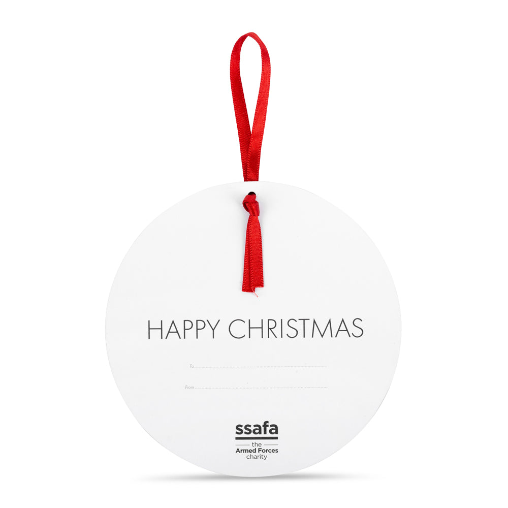 Christmas Robins pop-out hanging card featuring festive robins and holly, transforms into a hanging ornament. Shows the reverse which is white with HAPPY CHRISTMAS message and then space for "To" and "From" to complete. Small SSAFA logo at the bottom.