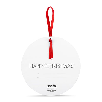 Christmas Robins pop-out hanging card featuring festive robins and holly, transforms into a hanging ornament. Shows the reverse which is white with HAPPY CHRISTMAS message and then space for "To" and "From" to complete. Small SSAFA logo at the bottom.