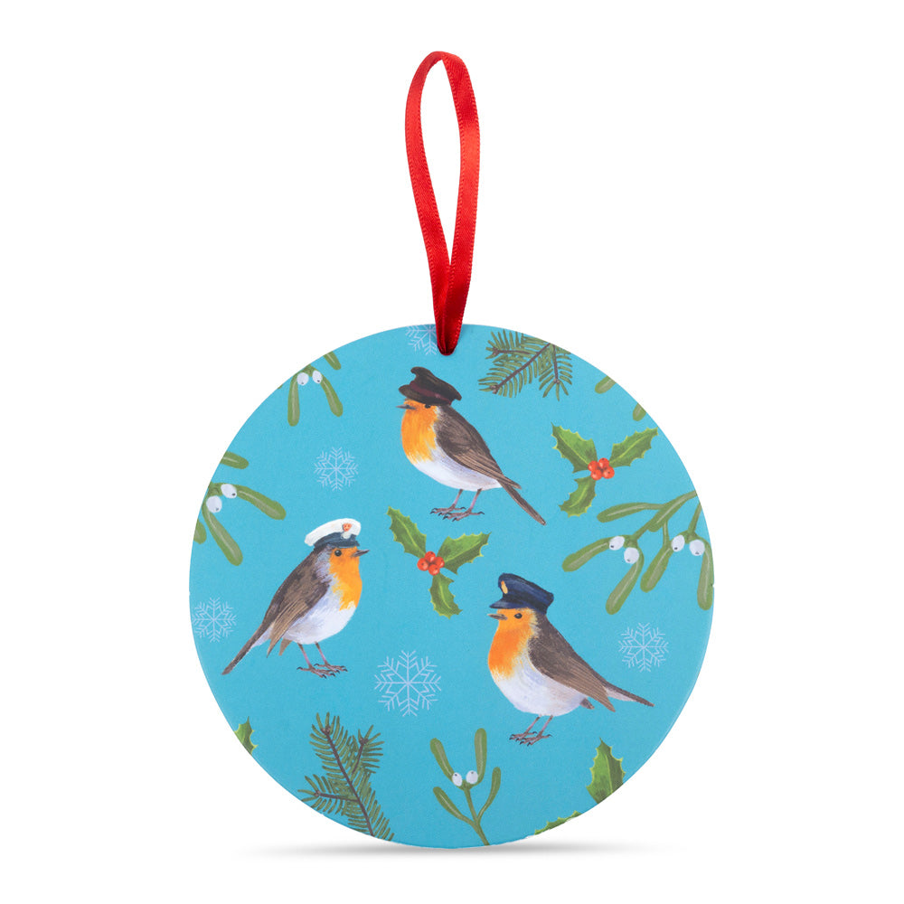 Christmas Robins pop-out hanging card featuring festive robins wearing military hats, transforms into a hanging ornament. Showing the circular hanging portion of the card with its red hanging ribbon.