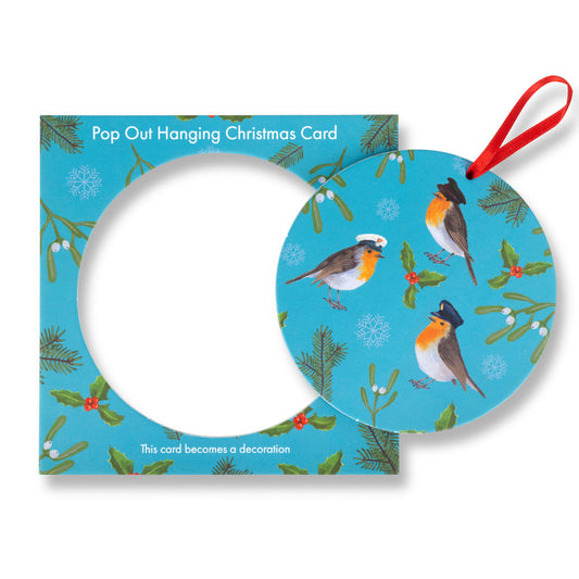 Christmas Robins pop-out hanging card featuring 3 Robins wearing hats of the Army, Royal Navy and RAF. Transforms into a hanging ornament.