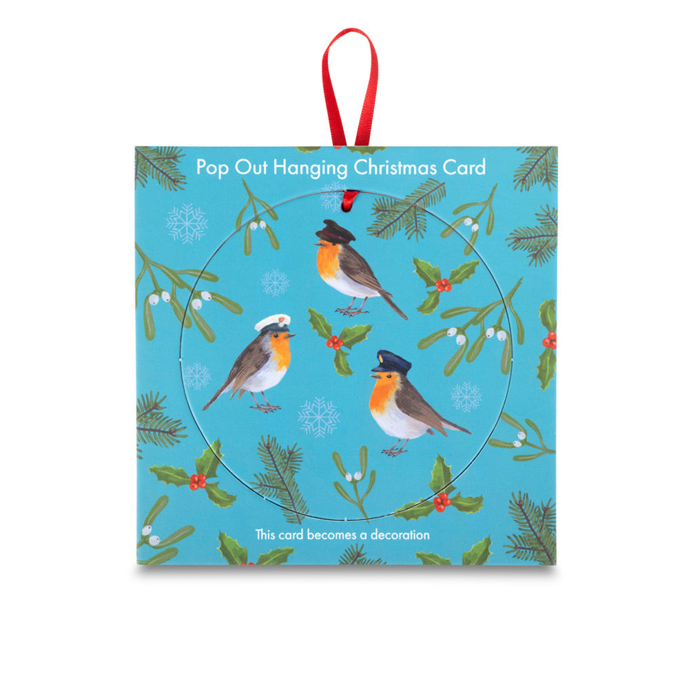 Christmas Robins pop-out hanging card featuring festive robins and holly, transforms into a hanging ornament.