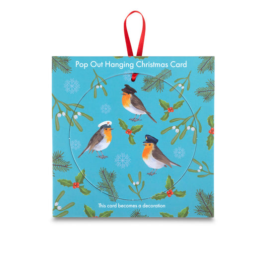 Christmas Robins pop-out hanging card featuring festive robins and holly, transforms into a hanging ornament.