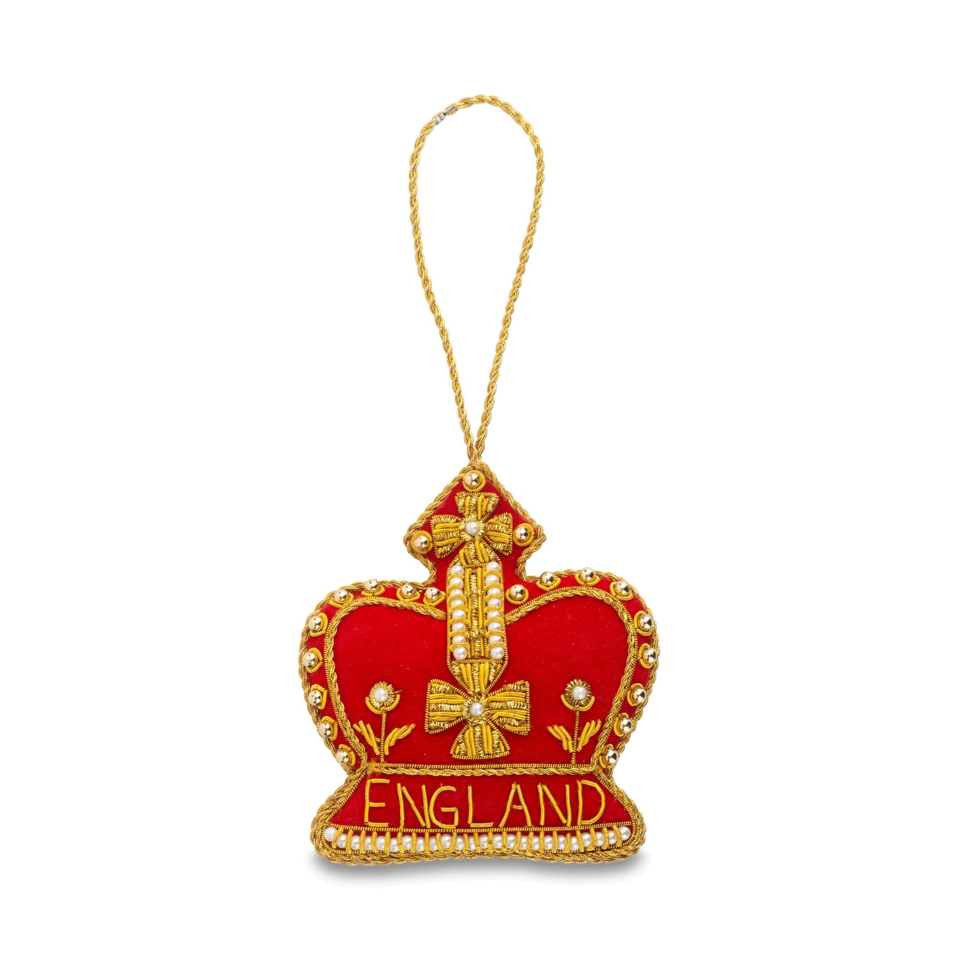 A red and gold crown-shaped England ornament with a hanging loop, featuring the word 'ENGLAND' embroidered in gold at the base.