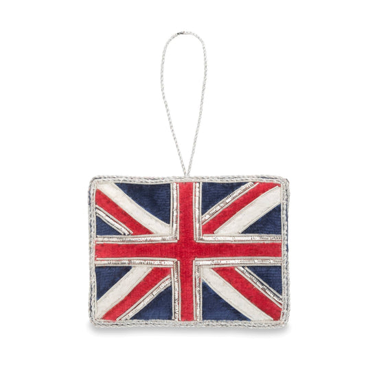 A Union Jack flag-shaped hanging ornament with a silver hanging loop, shown on a plain white background.