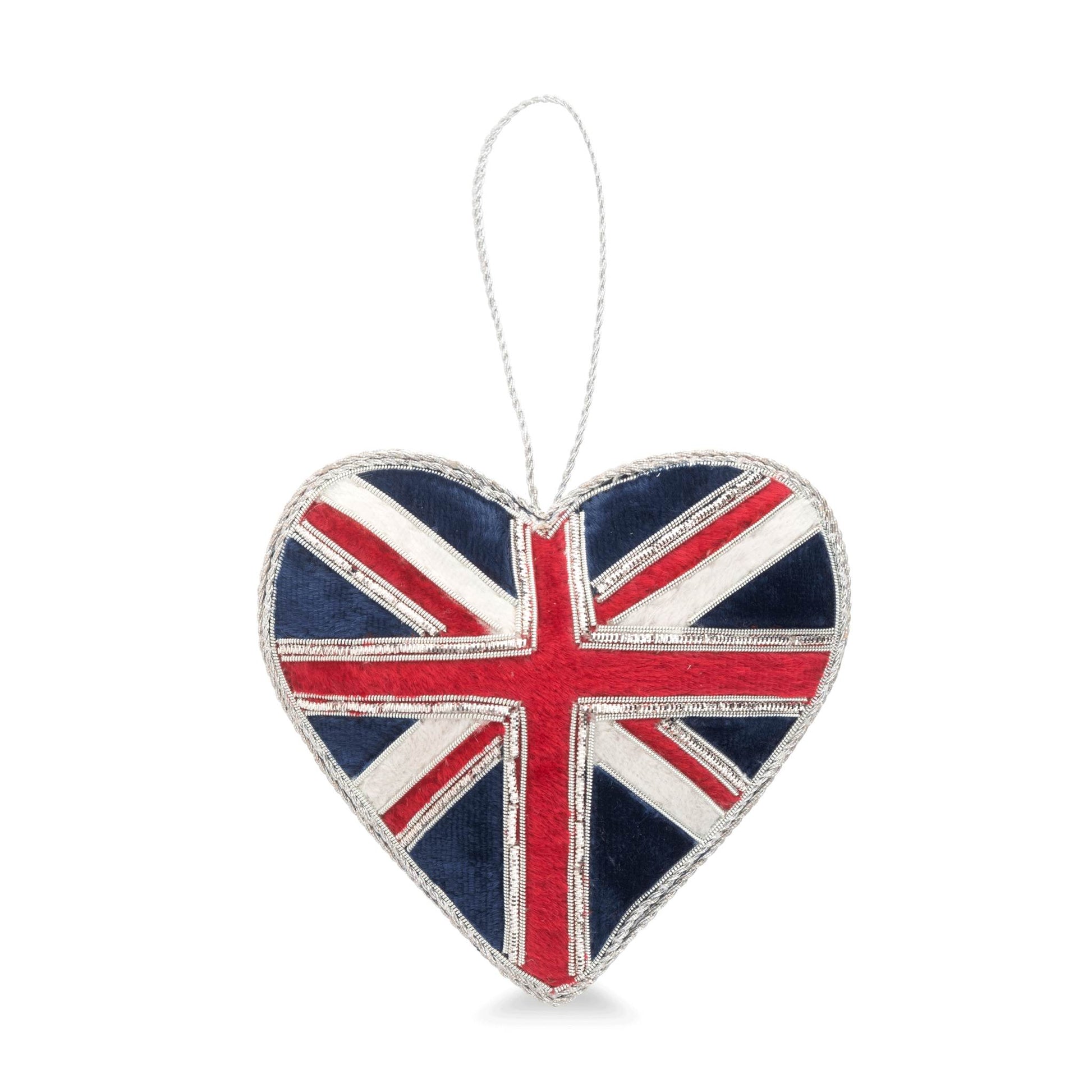 A heart-shaped hanging ornament featuring a distressed Union Jack flag design with red, white, and navy blue colors and a silver hanging loop.