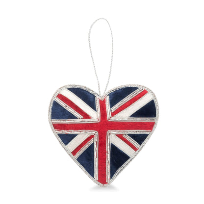 A heart-shaped hanging ornament featuring a distressed Union Jack flag design with red, white, and navy blue colors and a silver hanging loop.