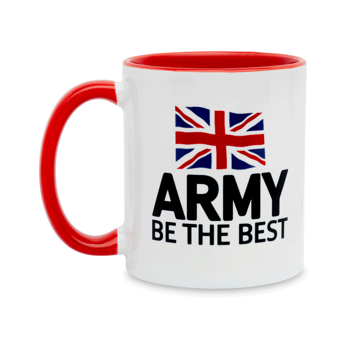 A white ceramic mug with a red handle and interior, featuring a printed Army Be The Best logo (with Union Flag) on the front. Set against a plain white background.