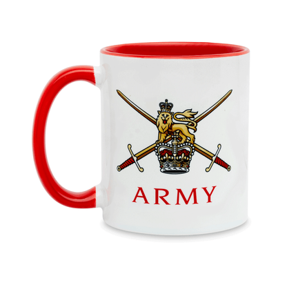 A white ceramic mug with a red handle and interior, featuring a printed insignia of the Army on the front. Set against a plain white background.