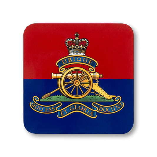 A square coaster with rounded corners featuring the Royal Artillery (Queen’s Crown) insignia, on a split navy and red background.