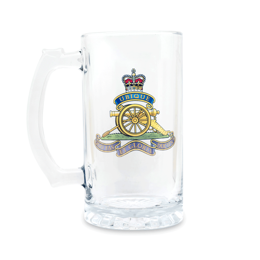 A clear glass Tankard, beer mug, featuring a printed Royal Artillery (Queen's Crown) insignia on the front, set against a plain white background.
