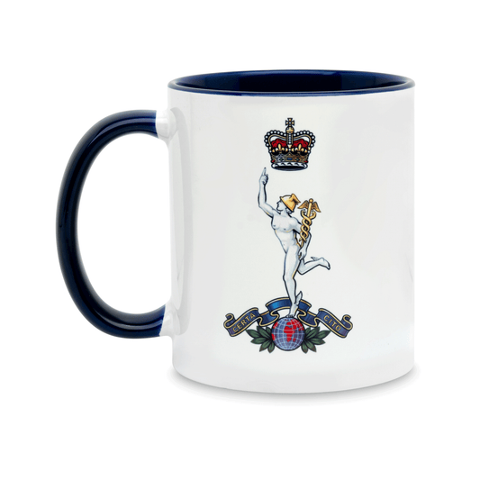 A white ceramic mug with a navy handle and interior, featuring a printed insignia of the Royal Corps of Signals on the front. Set against a plain white background.