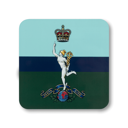 A square coaster with rounded corners featuring the Royal Corps of Signals (Queen’s Crown) insignia, on a striped green, navy and light blue background.
