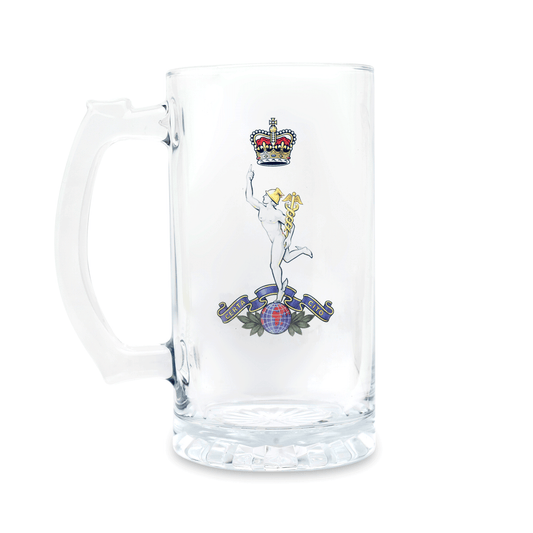 A clear glass Tankard / beer mug with a printed Royal Corps of Signals (Queen's Crown) insignia on the front, set against a plain white background.