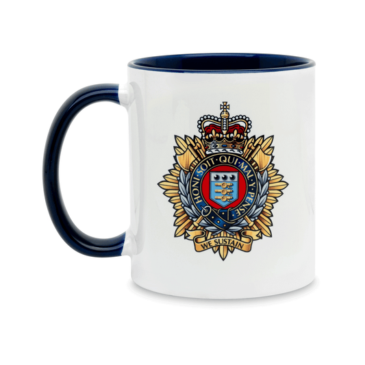 A white ceramic mug with a navy handle and interior, featuring a printed insignia of the Royal Logistics Corps on the front. Set against a plain white background.
