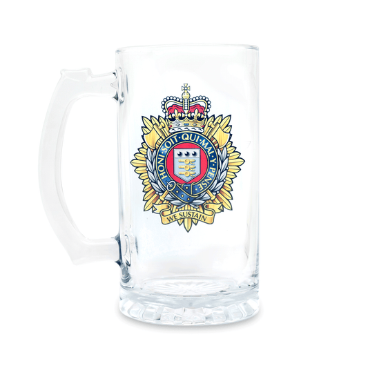A clear glass Tankard / beer mug with a printed Royal Logistics Corps (Queen's Crown) insignia on the front, set against a plain white background.