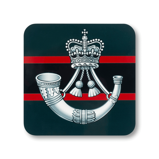A square coaster with rounded corners featuring The Rifles (Queen’s Crown) insignia, on a striped background.