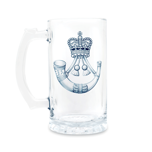 A clear glass Tankard, beer mug, featuring a printed The Rifles (Queen's Crown) insignia on the front, set against a plain white background.
