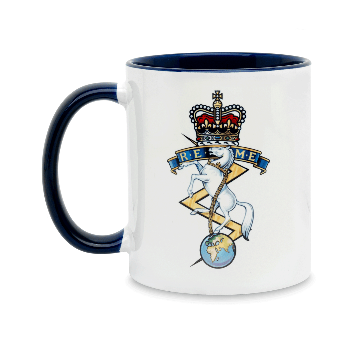 A white ceramic mug with a navy handle and interior, featuring a printed insignia of the REME on the front. Set against a plain white background..