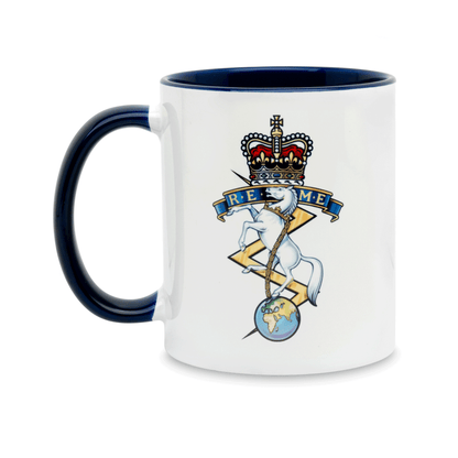A white ceramic mug with a navy handle and interior, featuring a printed insignia of the REME on the front. Set against a plain white background..