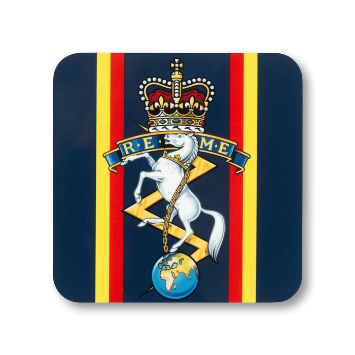 A square coaster with rounded corners featuring the REME (Queen’s Crown) insignia, on a striped navy, yellow and red background.