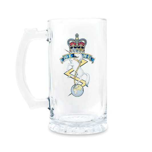 A clear glass Tankard, beer mug, featuring a printed REME (Queen's Crown) insignia on the front, set against a plain white background.