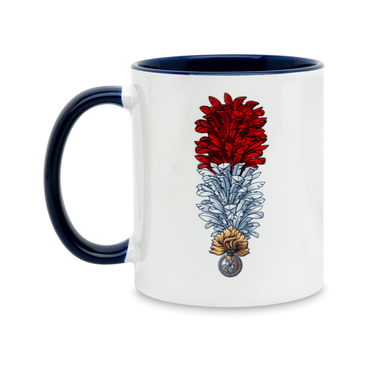 A white ceramic mug with a navy handle and interior, featuring a printed insignia of the Royal Regiment of Fusiliers on the front. Set against a plain white background.