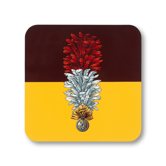 A square coaster with rounded corners featuring the Royal Regiment of Fusiliers (Queen’s Crown) insignia, on a stiped maroon and yellow  background.