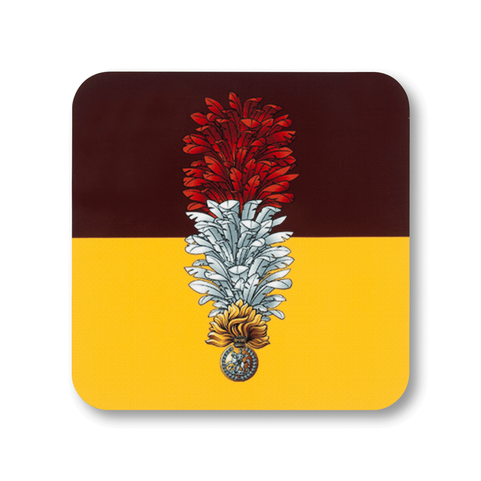 A square coaster with rounded corners featuring the Royal Regiment of Fusiliers (Queen’s Crown) insignia, on a stiped maroon and yellow  background.