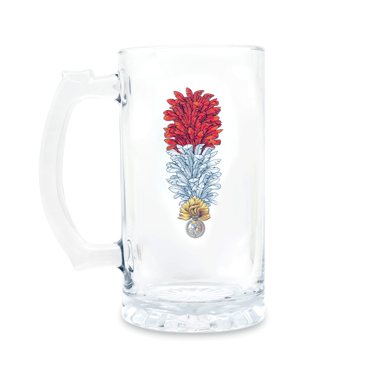A clear glass Tankard, beer mug, featuring a printed Royal Regiment of Fusiliers (Queen's Crown) insignia on the front, set against a plain white background.